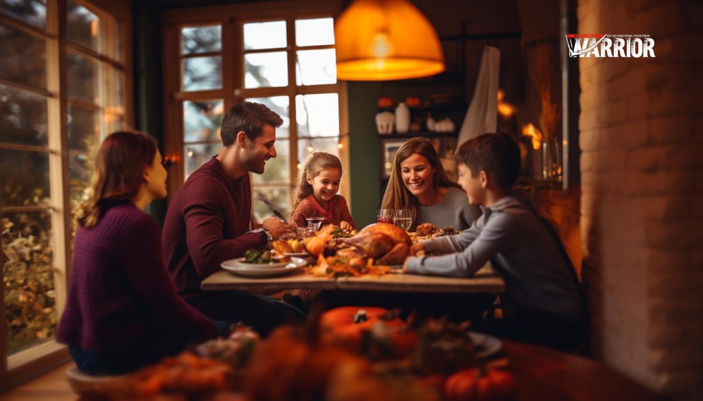 A family sits at a table with a turkey